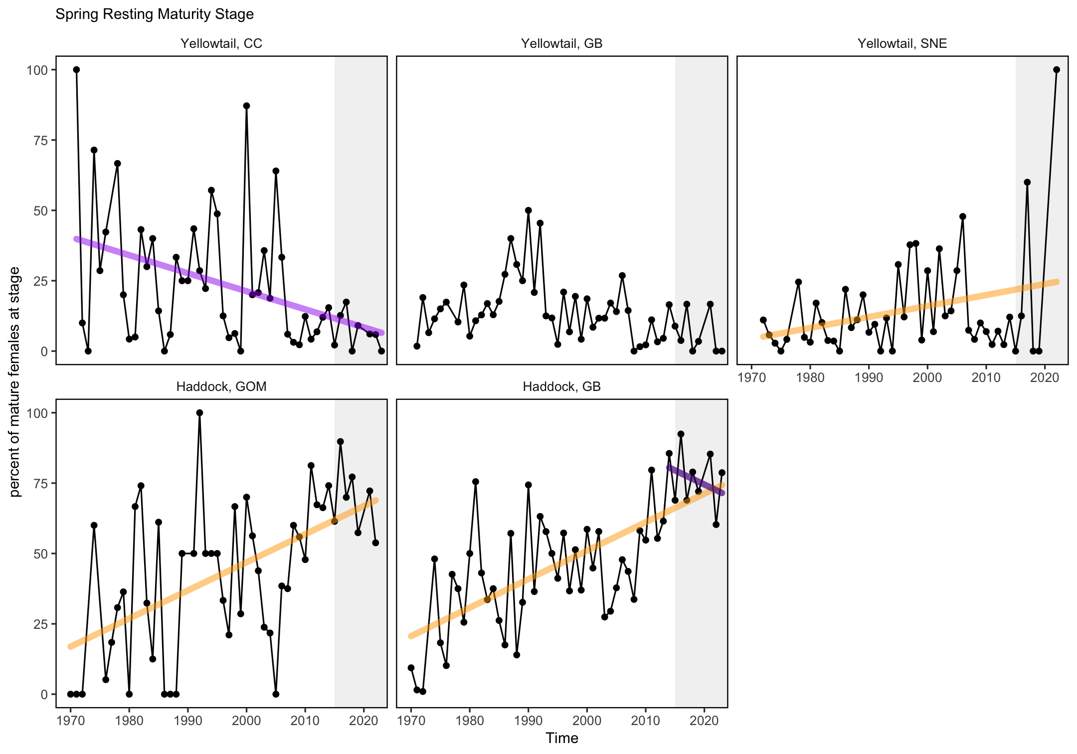 Percent resting stage (non-spawning) mature female fish (black) with significant increases (orange) and decreases (purple) from two haddock and three yellowtail flounder stocks: CC = Cape Cod Gulf of Maine, GOM = Gulf of Maine, GB = Georges Bank, SNE = Southern New England.