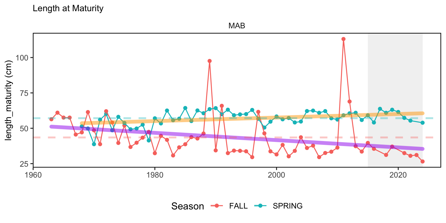 Fish community functional traits in the Mid Atlantic Bight based on Fall (red) and Spring (blue) survey data. Length at maturity for the full finfish community has increased in spring (orange line), but decreased in fall (purple lines)