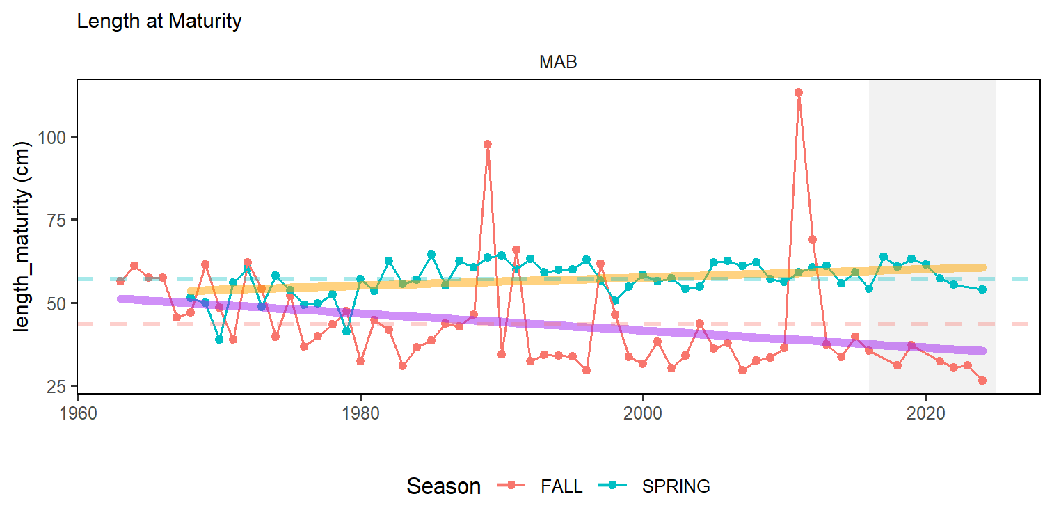 Fish community functional traits in the Mid Atlantic Bight based on Fall (red) and Spring (blue) survey data. Length at maturity for the full finfish community has increased in spring (orange line), but decreased in fall (purple lines)
