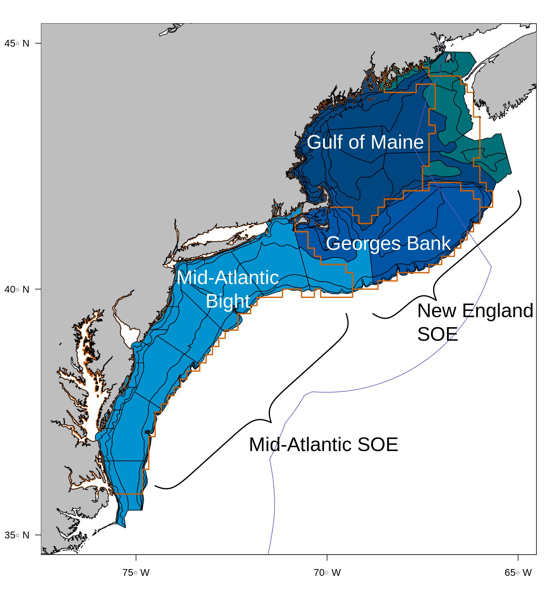 Map of the Northeast Shelf broken into the four Ecological Production Units by strata.Strata were assigned to an EPU based on which one contained at least 50% of the area of the strata.