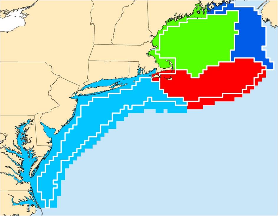 Map of the four Ecological Production Units, including the Mid-Atlantic Bight (light blue), Georges Bank (red), Western-Central Gulf of Maine (or Gulf of Maine; green), and Scotian Shelf-Eastern Gulf of Maine (dark blue)