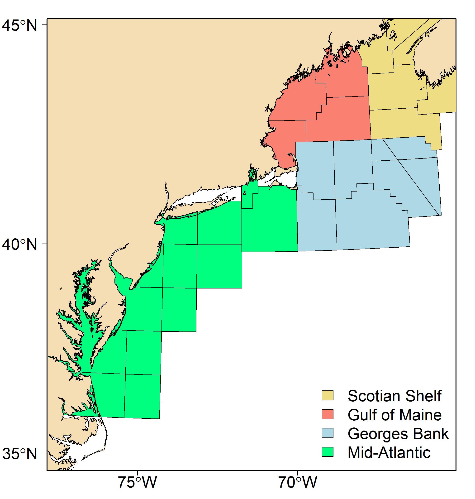 Map of the Greater Atlantic Region Statistical Areas.  Colors represent the Ecological Production Unit (EPU) with which the statistical area is associated.